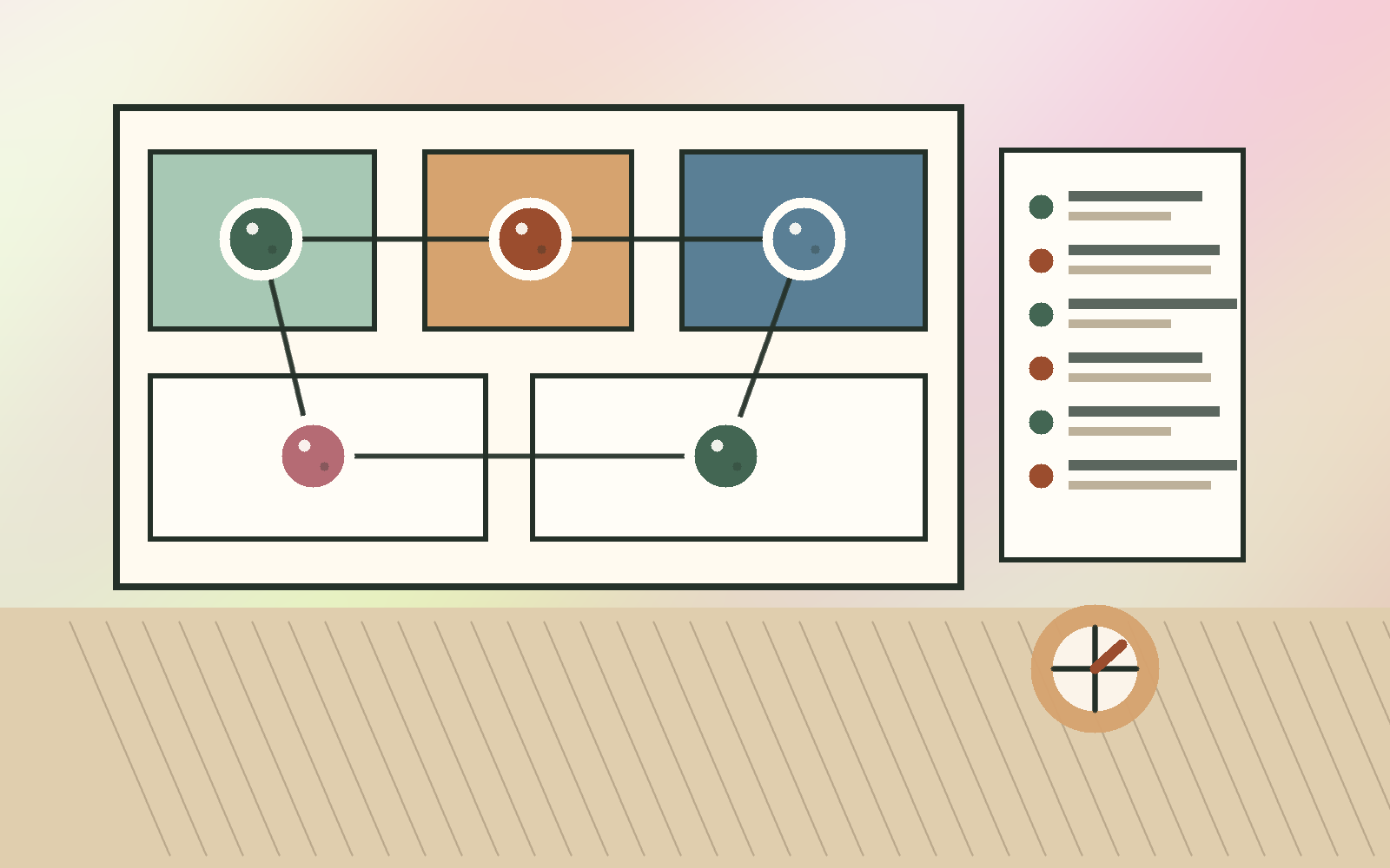 Illustrated Cumora room with agents, handoff lines, and a readiness panel